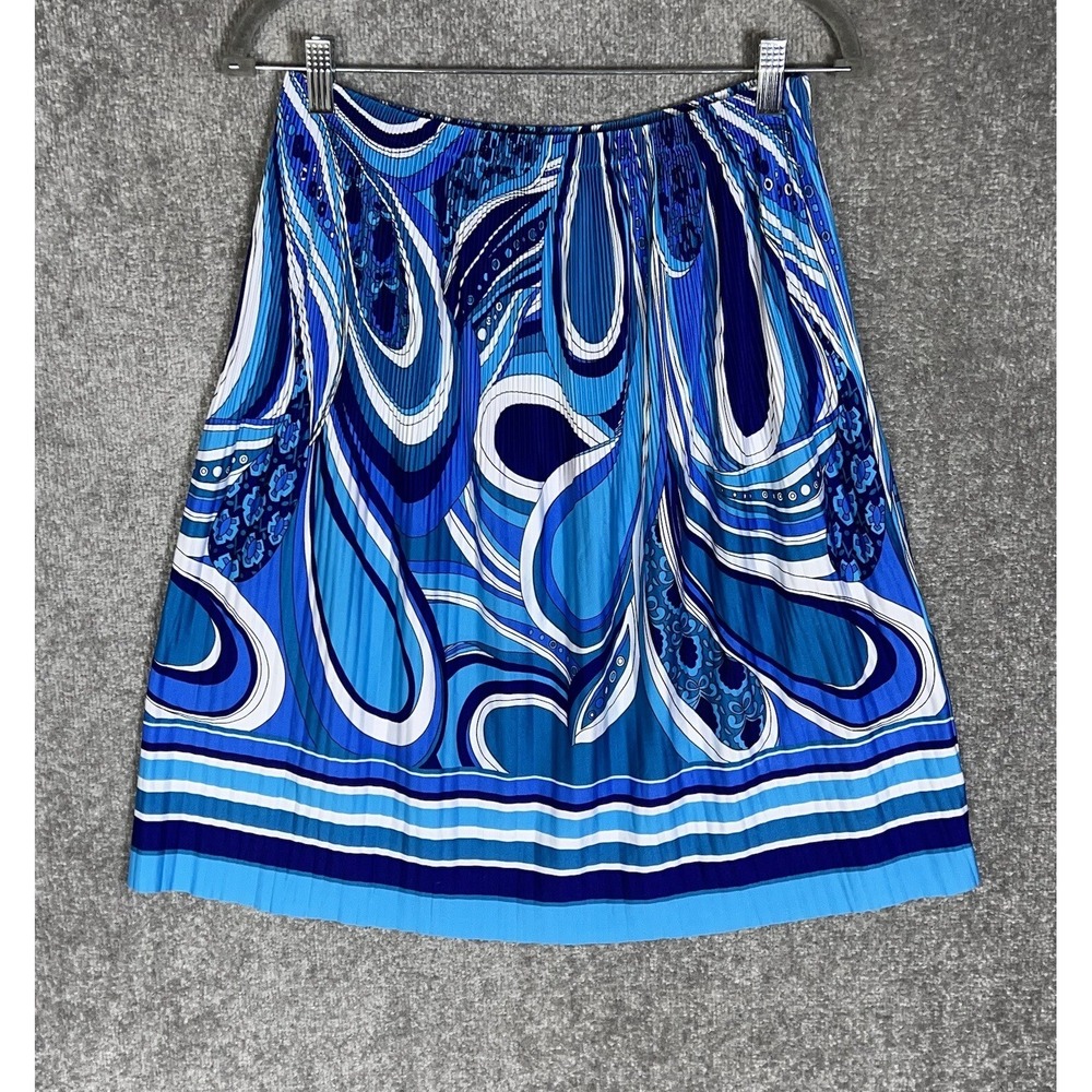 Sunny Leigh Pleated Skirt Womens Size M Blue Paisley Pull On Stretch USA Made